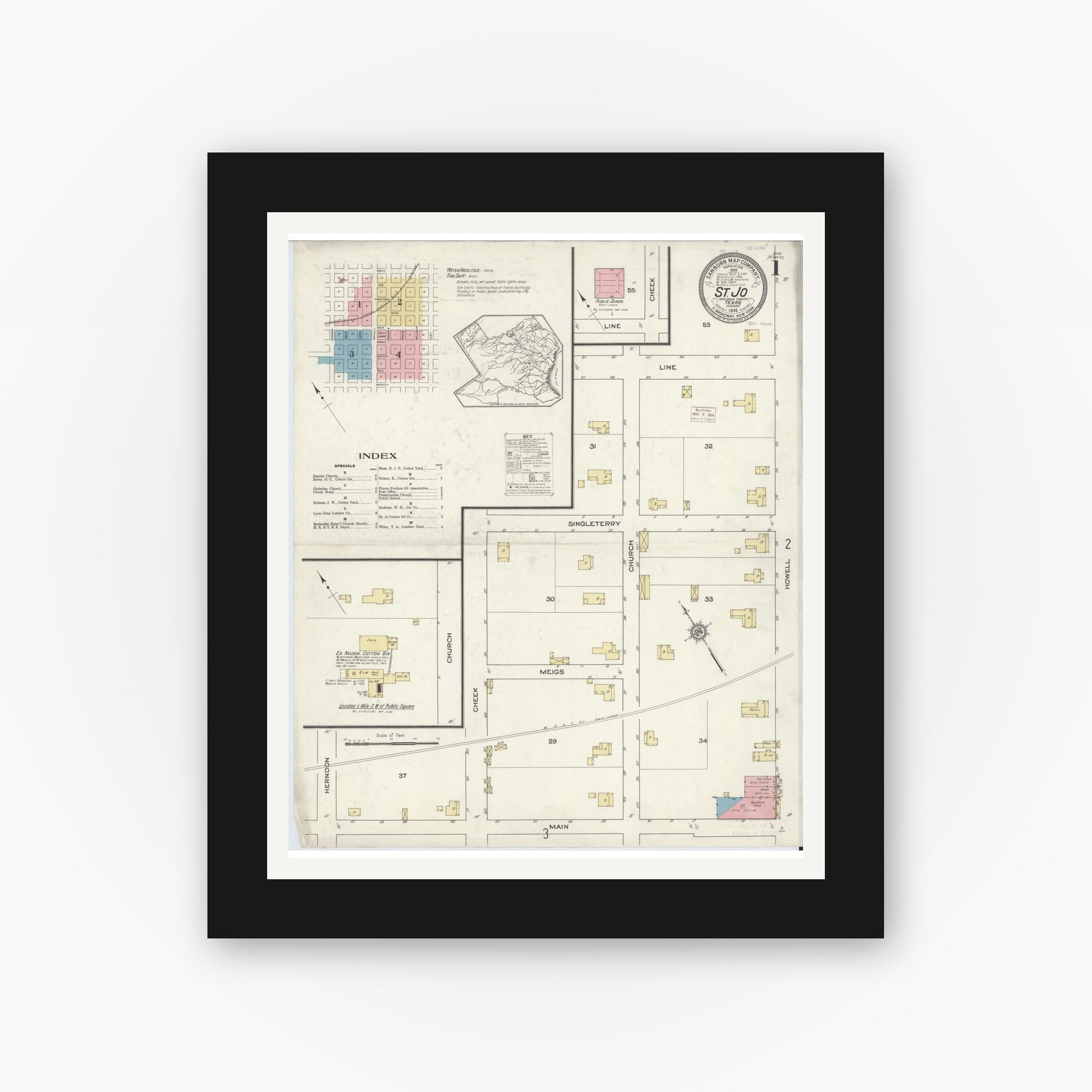 Old map wall art mockup — black gallery frame with white mat — Sanborn Fire Insurance Map from Saint Jo, Montague County, Texas (1914) - Complete Map Set