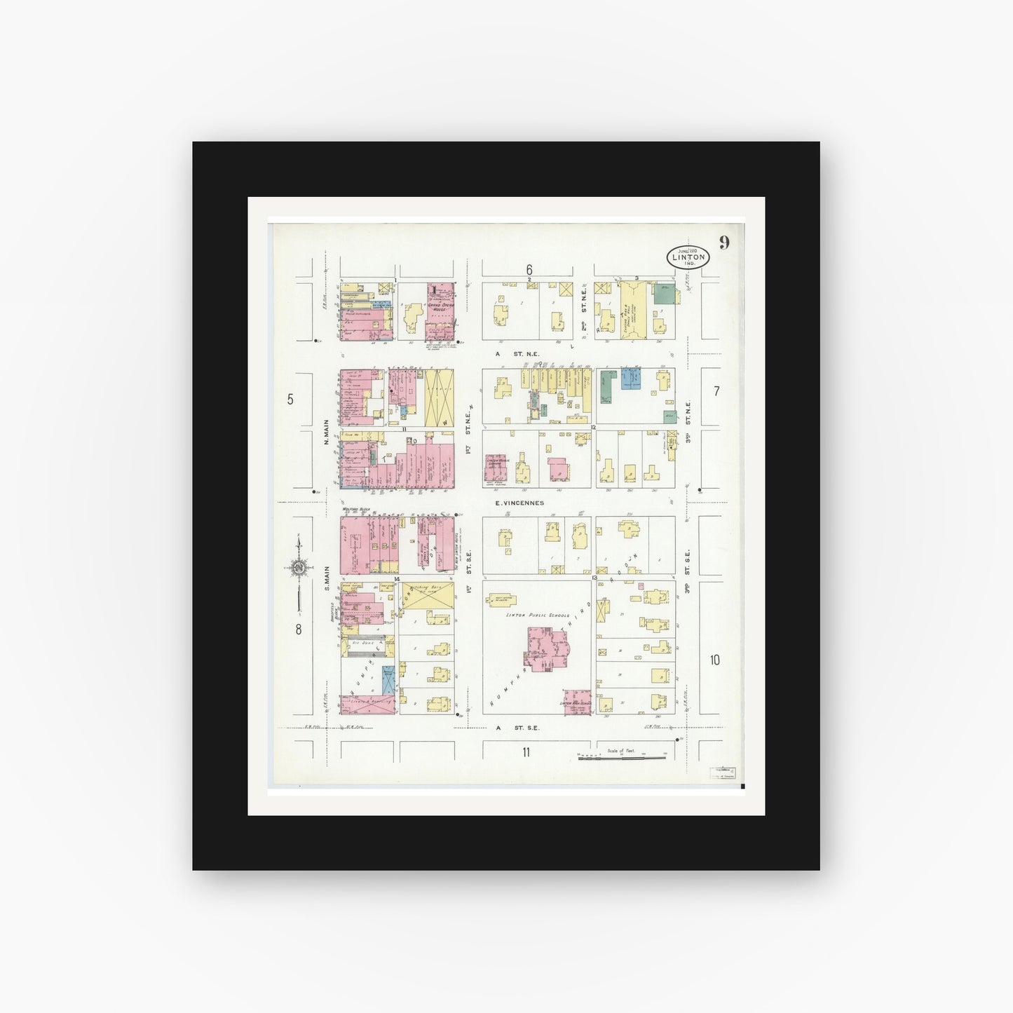 Old map wall art mockup — black gallery frame with white mat — Sanborn Fire Insurance Map from Linton, Greene County, Indiana (1910), Sheet #0009