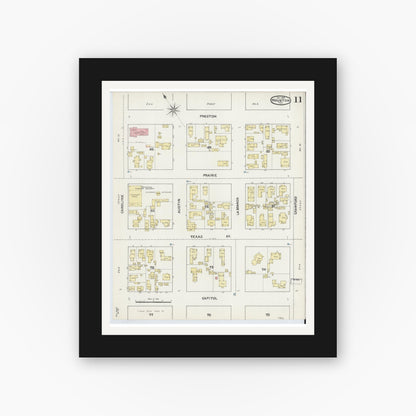 Old map wall art mockup — black gallery frame with white mat — Sanborn Fire Insurance Map from Houston, Harris County, Texas (1890), Sheet #0011