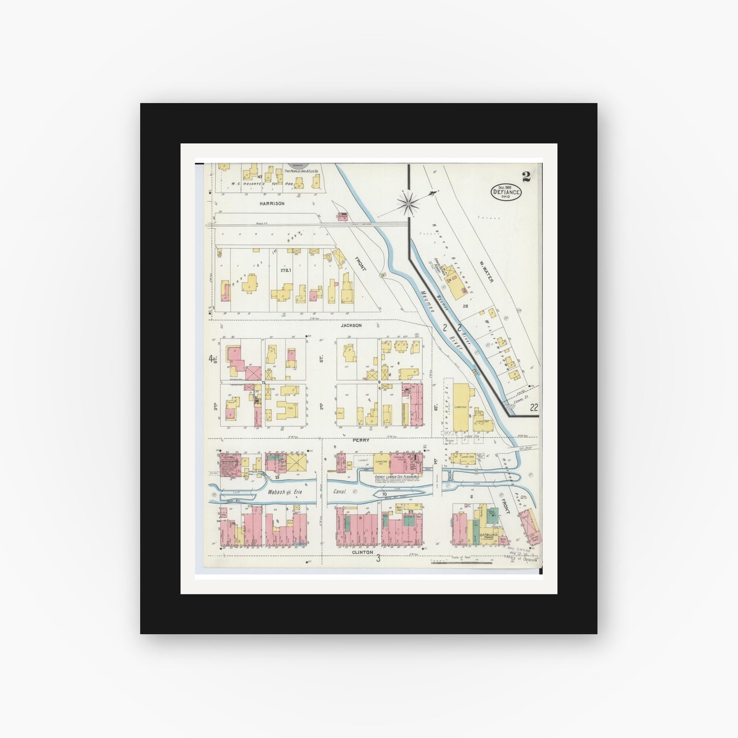 Old map wall art mockup — black gallery frame with white mat — Sanborn Fire Insurance Map from Defiance, Defiance County, Ohio (1905), Sheet #0002