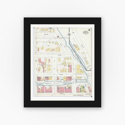 Old map wall art mockup — black gallery frame with white mat — Sanborn Fire Insurance Map from Defiance, Defiance County, Ohio (1905), Sheet #0002