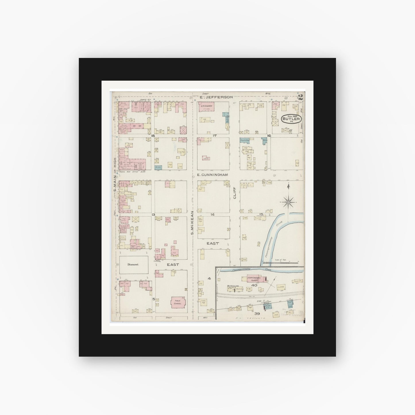 Old map wall art mockup — black gallery frame with white mat — Sanborn Fire Insurance Map from Butler, Butler County, Pennsylvania (1886), Sheet #0002