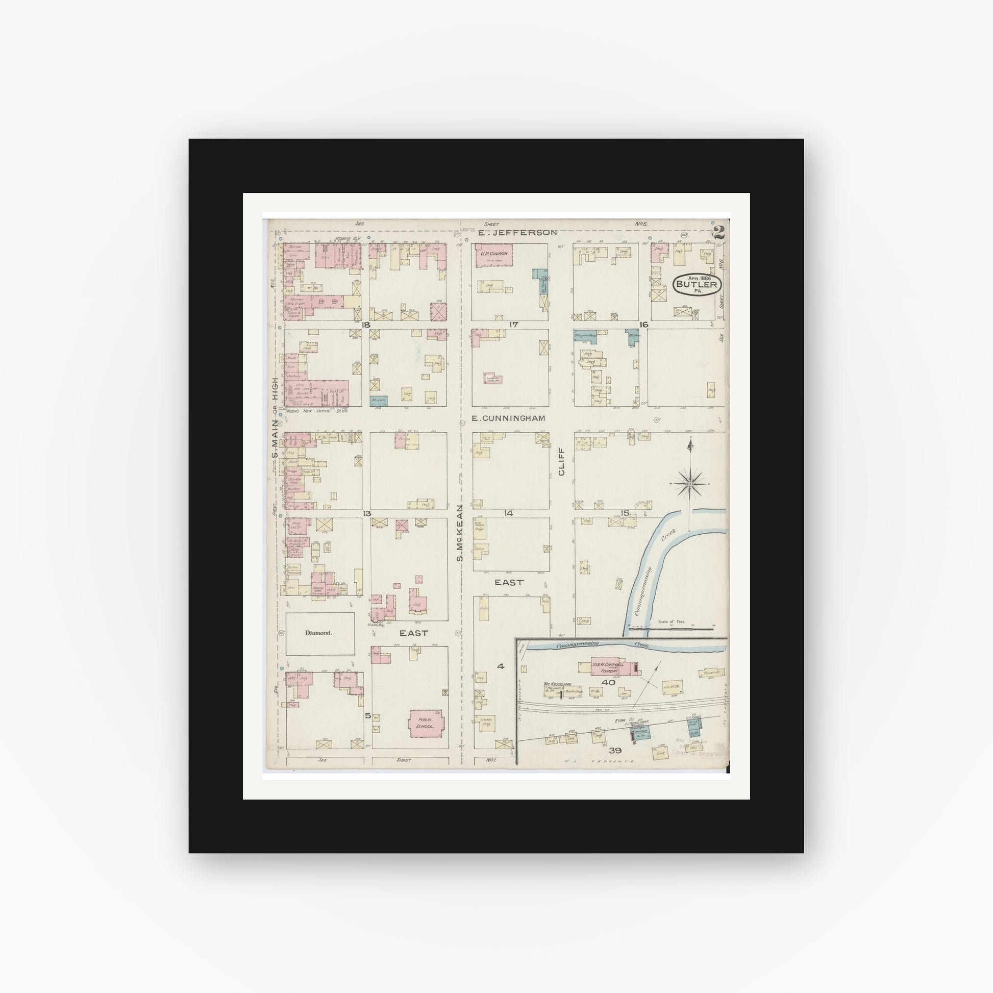 Old map wall art mockup — black gallery frame with white mat — Sanborn Fire Insurance Map from Butler, Butler County, Pennsylvania (1886), Sheet #0002