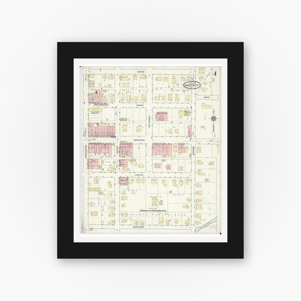 Old map wall art mockup — black gallery frame with white mat — Sanborn Fire Insurance Map from Johnston City, Williamson County, Illinois (1914), Sheet #0004