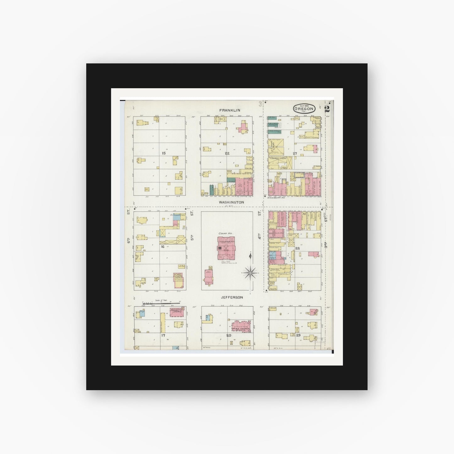 Old map wall art mockup — black gallery frame with white mat — Sanborn Fire Insurance Map from Oregon, Ogle County, Illinois (1893), Sheet #0002