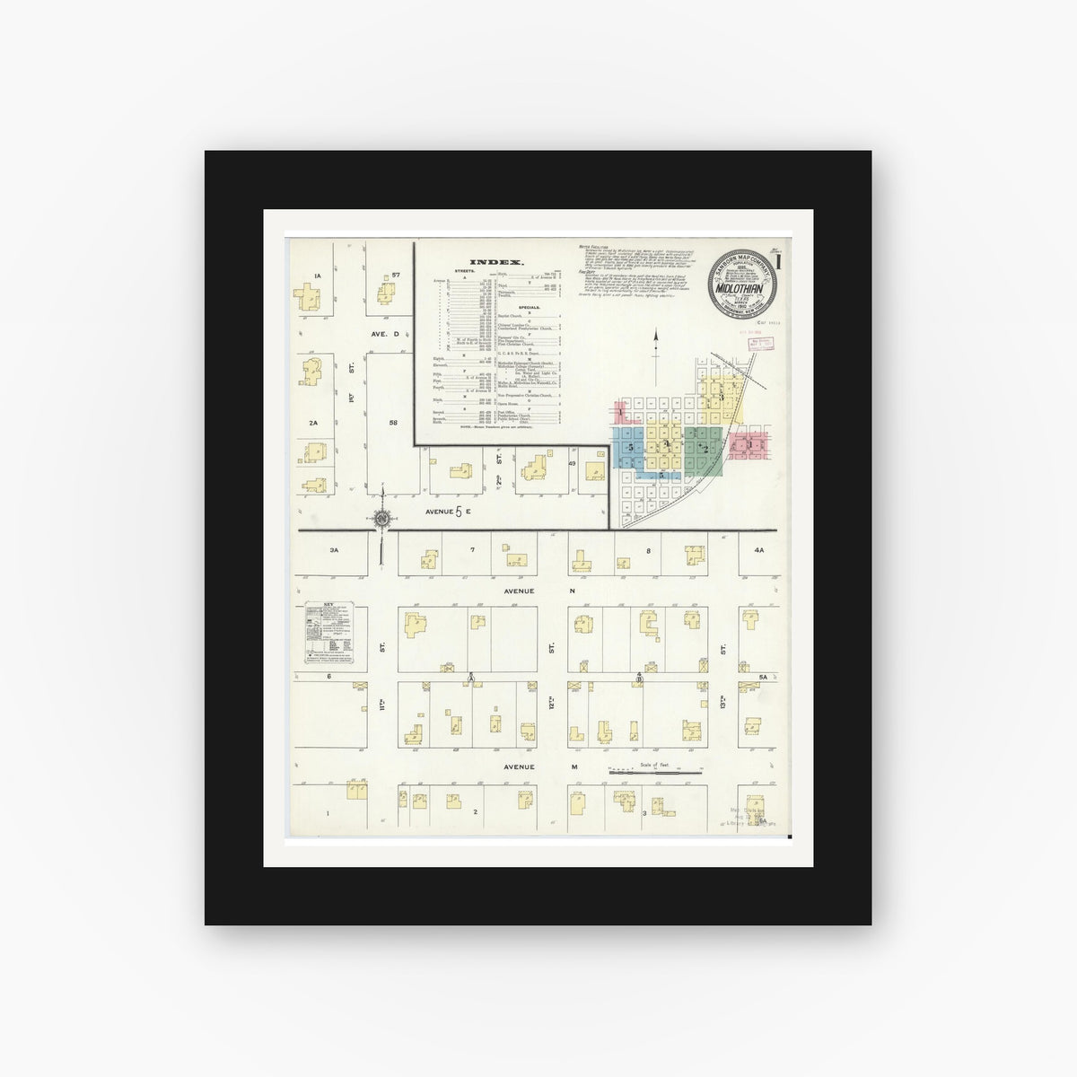 Old map wall art mockup — black gallery frame with white mat — Sanborn Fire Insurance Map from Midlothian, Ellis County, Texas (1910) - Complete Map Set