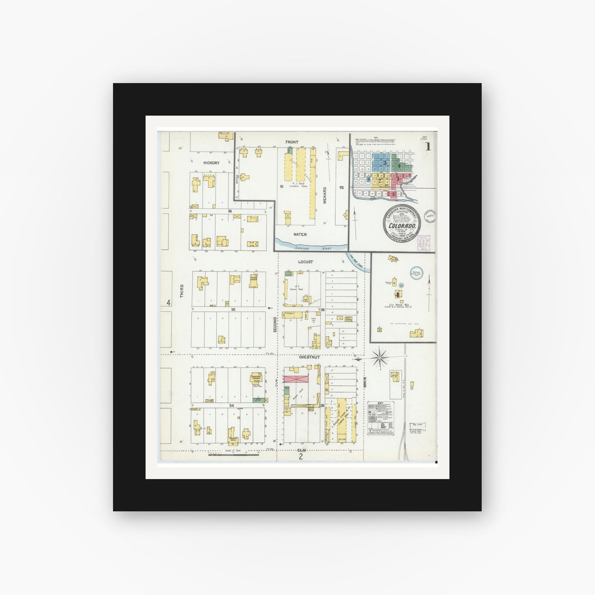 Old map wall art mockup — black gallery frame with white mat — Sanborn Fire Insurance Map from Colorado, Mitchell County, Texas (1902) - Complete Map Set