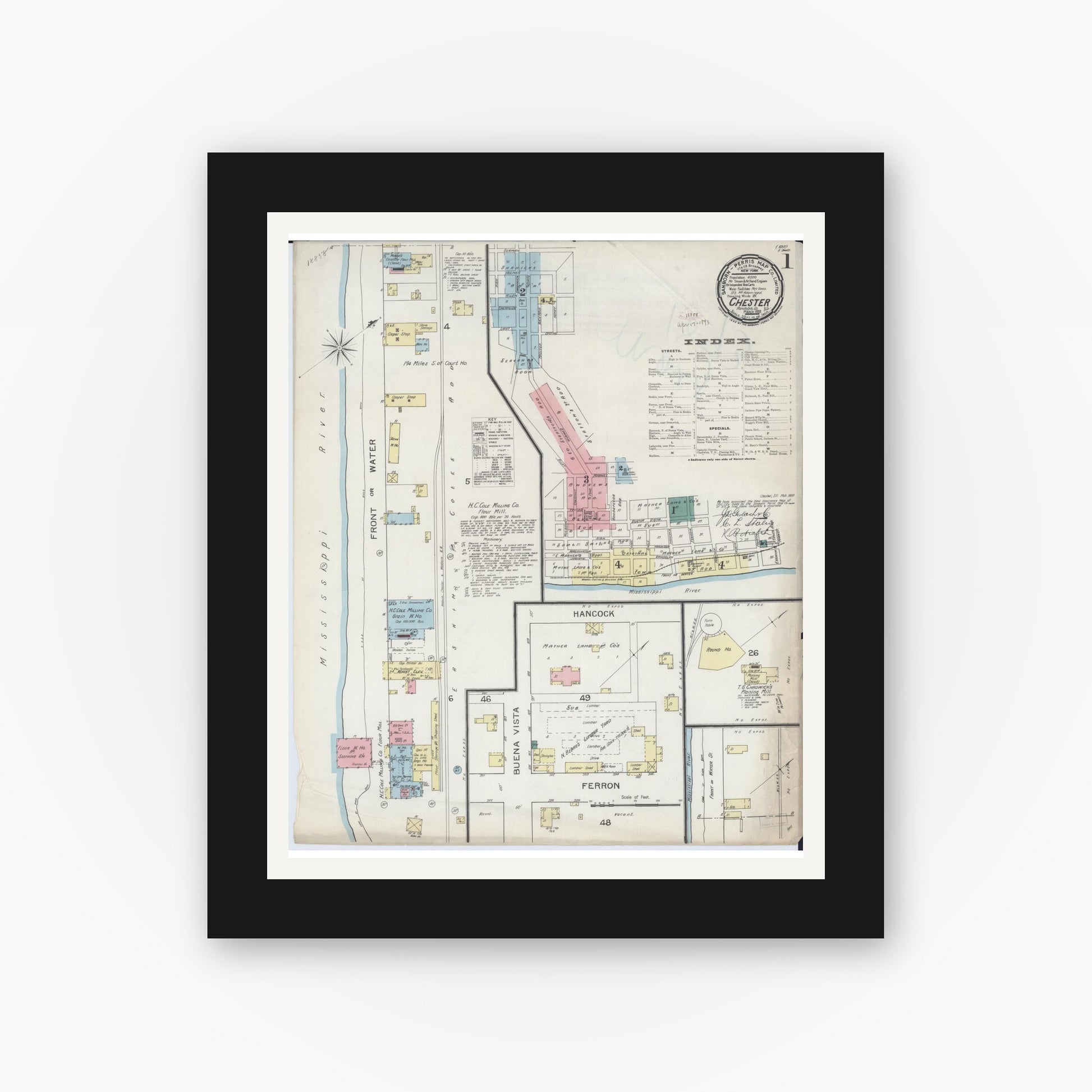 Old map wall art mockup — black gallery frame with white mat — Sanborn Fire Insurance Map from Chester, Randolph County, Illinois (1886) - Complete Map Set