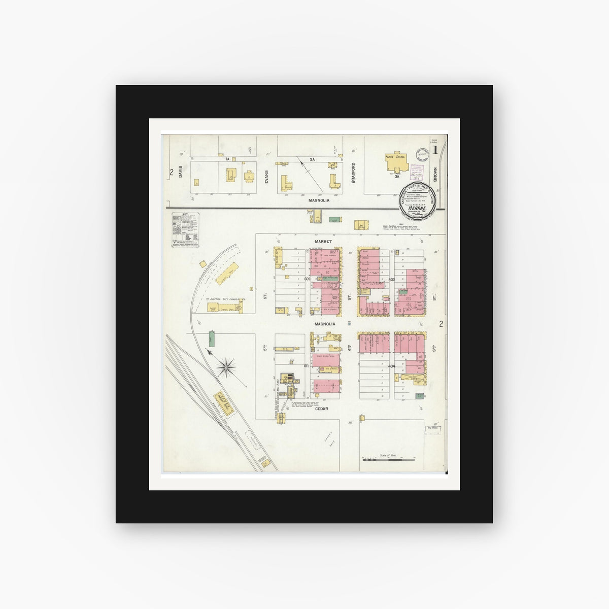 Old map wall art mockup — black gallery frame with white mat — Sanborn Fire Insurance Map from Hearne, Robertson County, Texas (1901), Sheet #0001