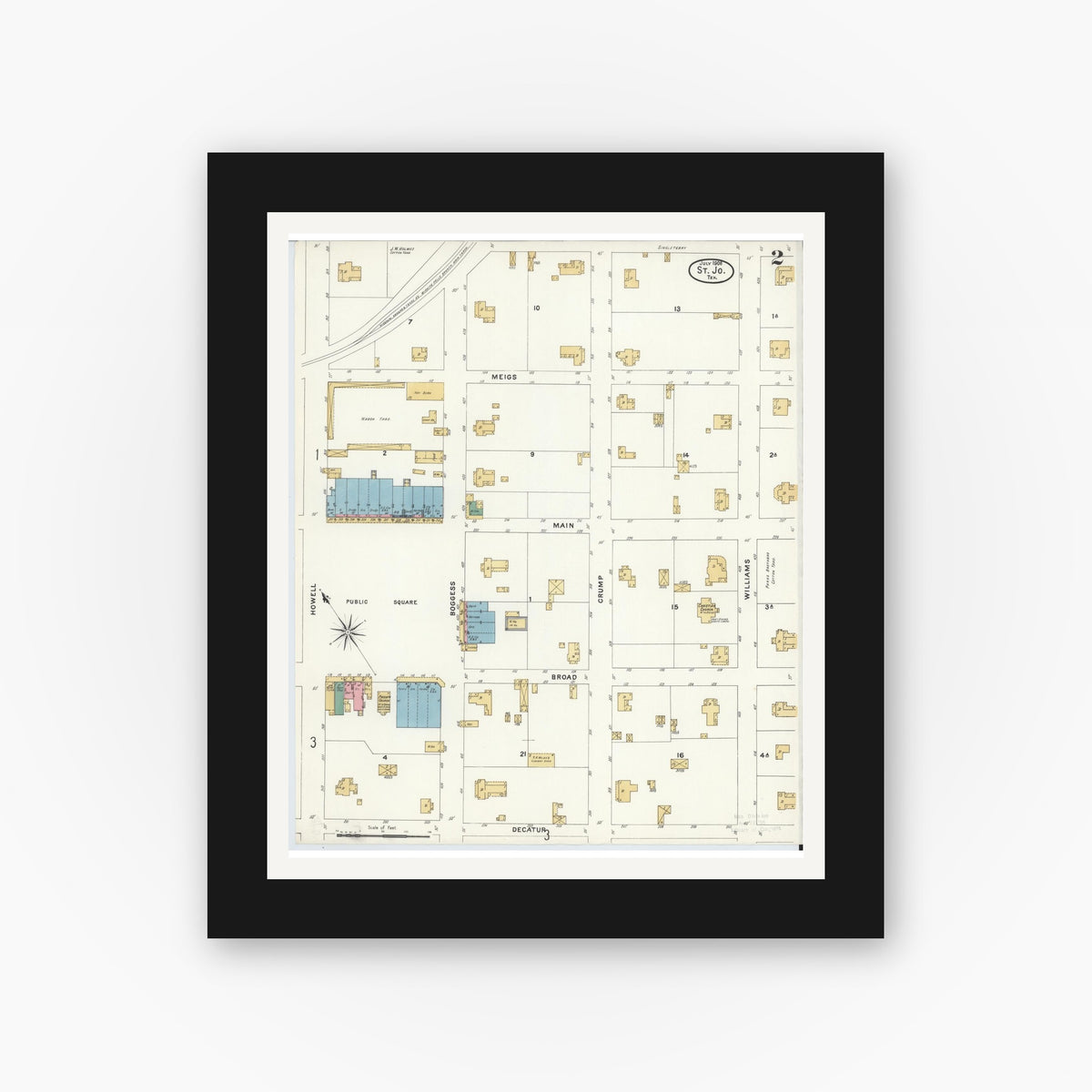 Old map wall art mockup — black gallery frame with white mat — Sanborn Fire Insurance Map from Saint Jo, Montague County, Texas (1908), Sheet #0002
