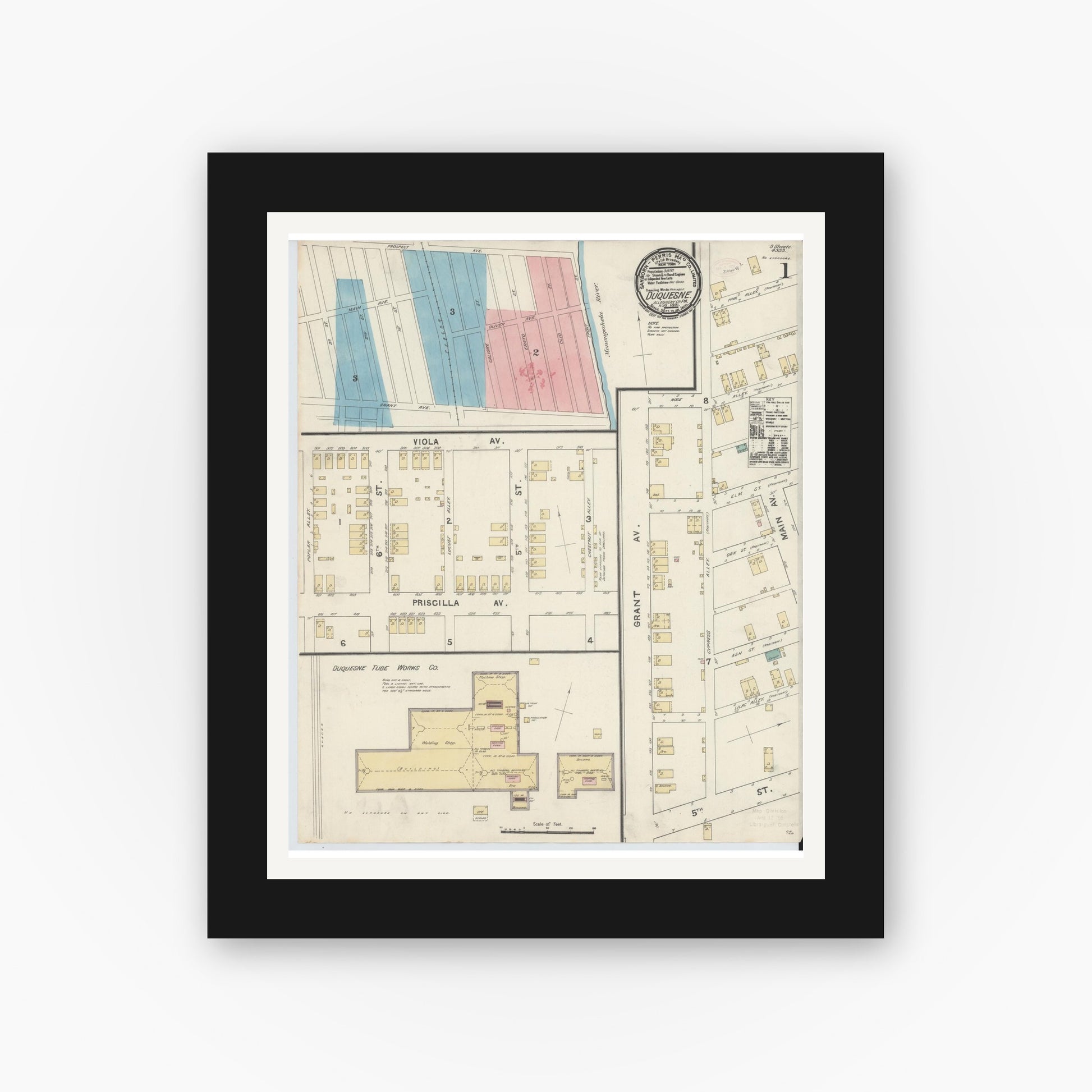 Old map wall art mockup — black gallery frame with white mat — Sanborn Fire Insurance Map from Duquesne, Allegheny County, Pennsylvania (1891), Sheet #0001