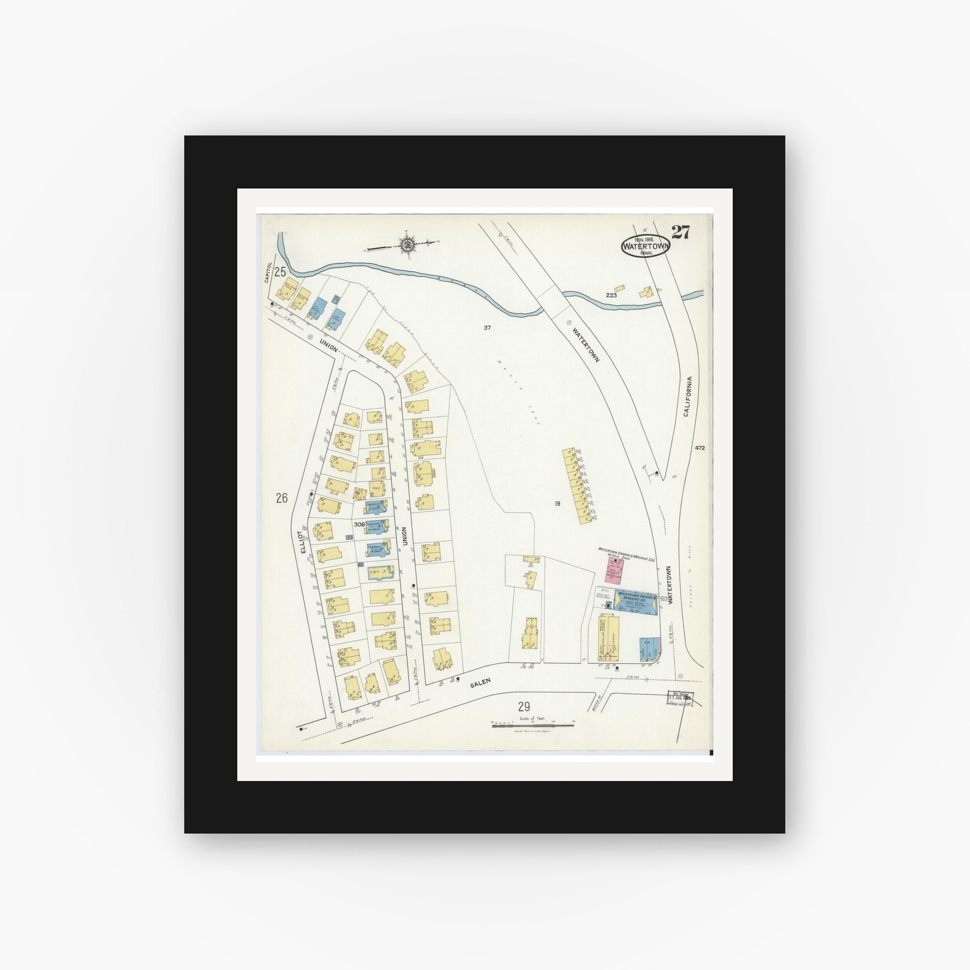 Old map wall art mockup — black gallery frame with white mat — Sanborn Fire Insurance Map from Watertown, Middlesex County, Massachusetts (1916), Sheet #0027
