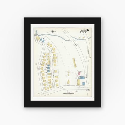 Old map wall art mockup — black gallery frame with white mat — Sanborn Fire Insurance Map from Watertown, Middlesex County, Massachusetts (1916), Sheet #0027
