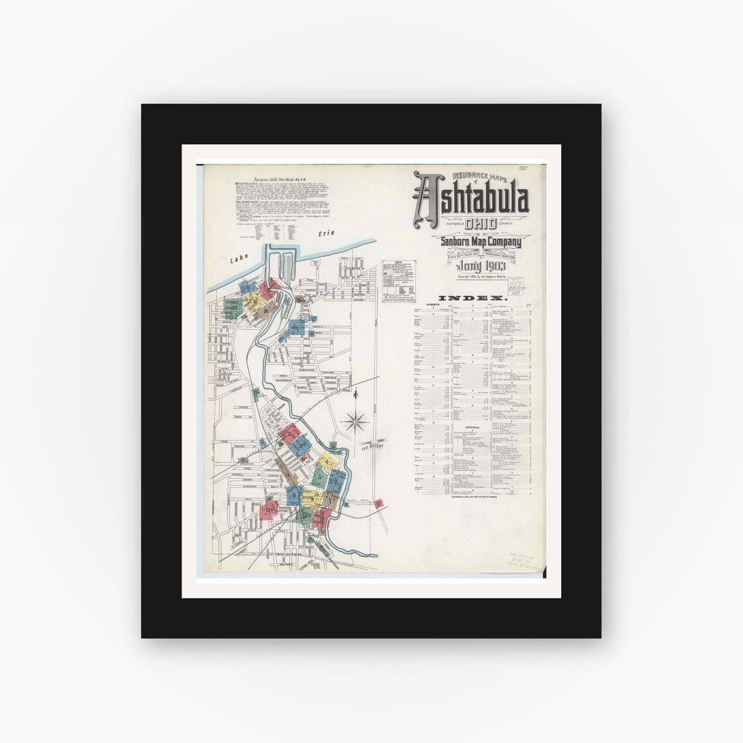 Old map wall art mockup — black gallery frame with white mat — Sanborn Fire Insurance Map from Ashtabula, Ashtabula County, Ohio (1903) - Complete Map Set