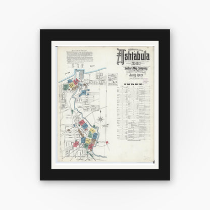 Old map wall art mockup — black gallery frame with white mat — Sanborn Fire Insurance Map from Ashtabula, Ashtabula County, Ohio (1903) - Complete Map Set