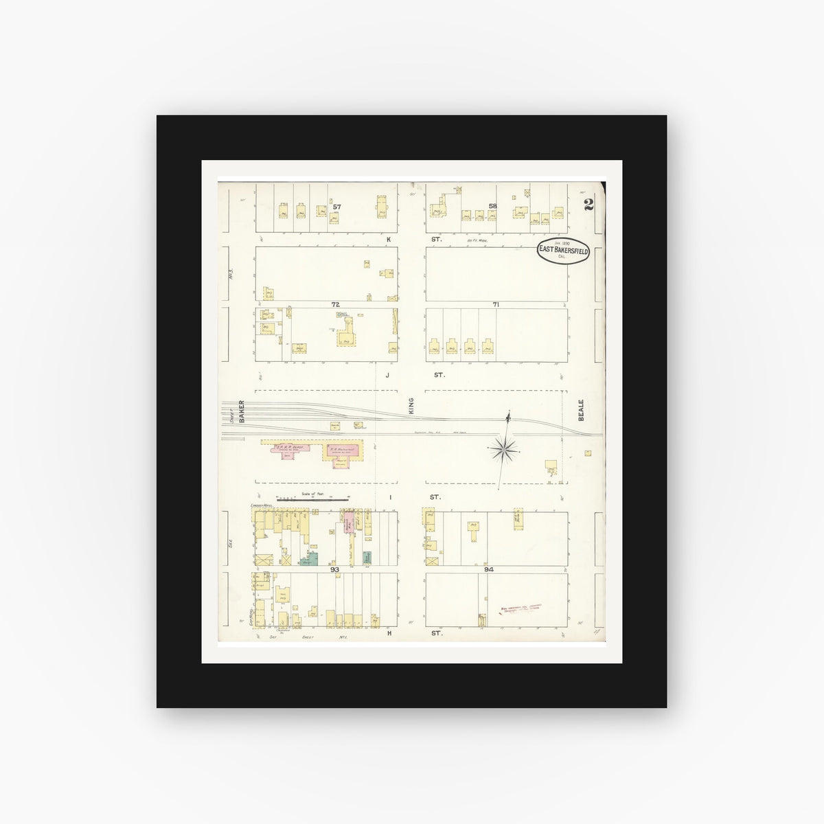 Old map wall art mockup — black gallery frame with white mat — Sanborn Fire Insurance Map from East Bakersfield, Kern County, California (1890), Sheet #0002