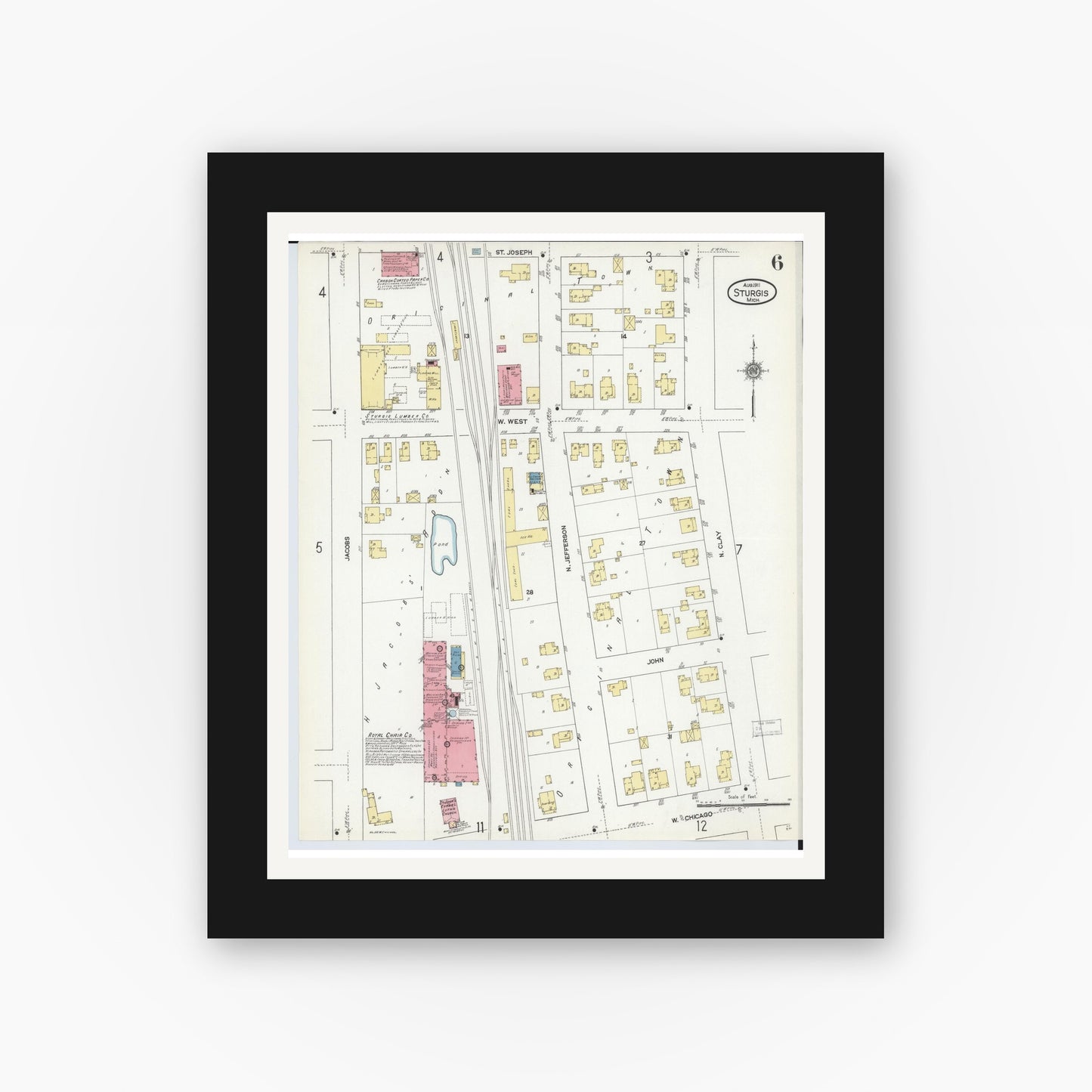 Old map wall art mockup — black gallery frame with white mat — Sanborn Fire Insurance Map from Sturgis, Saint Joseph County, Michigan (1911), Sheet #0006