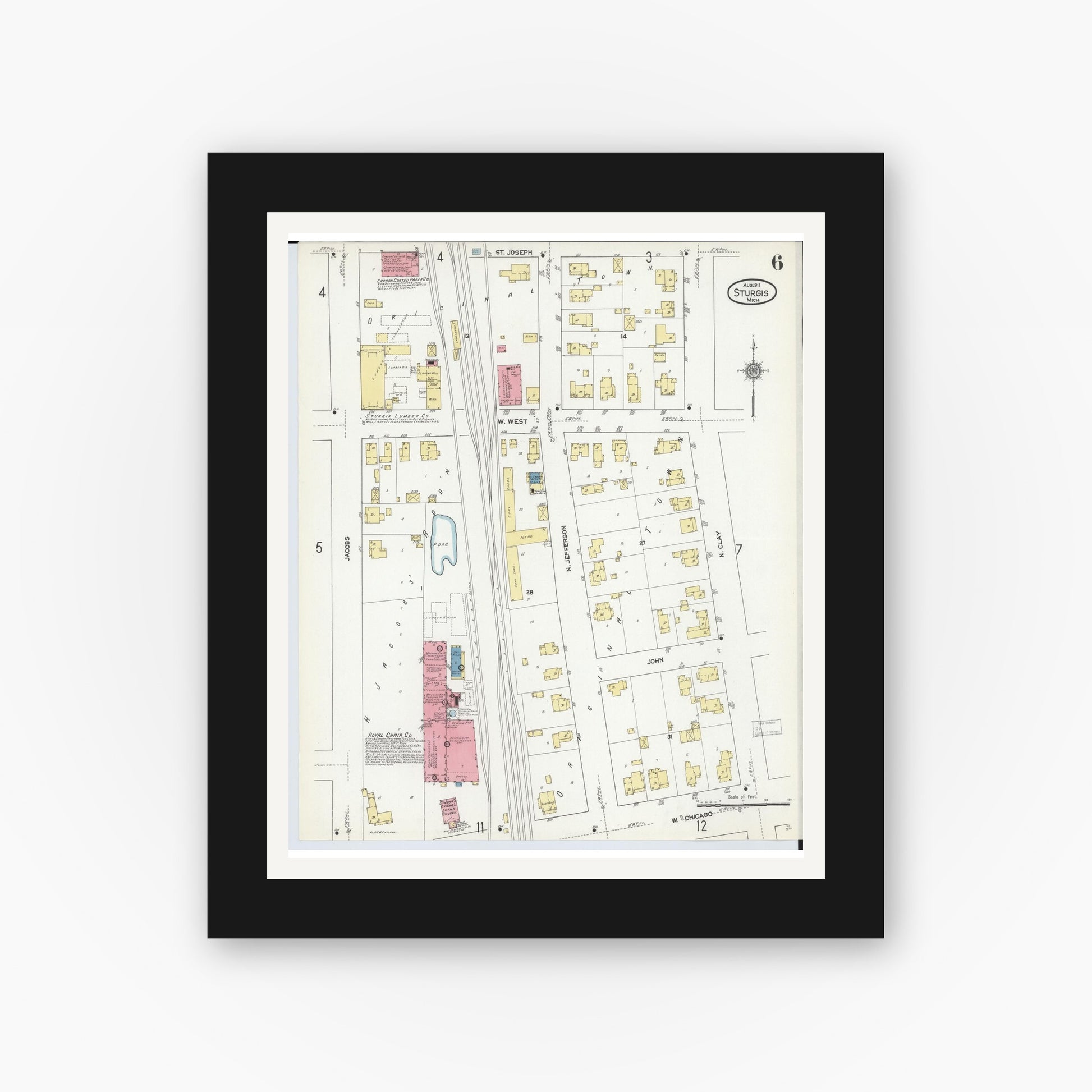 Old map wall art mockup — black gallery frame with white mat — Sanborn Fire Insurance Map from Sturgis, Saint Joseph County, Michigan (1911), Sheet #0006