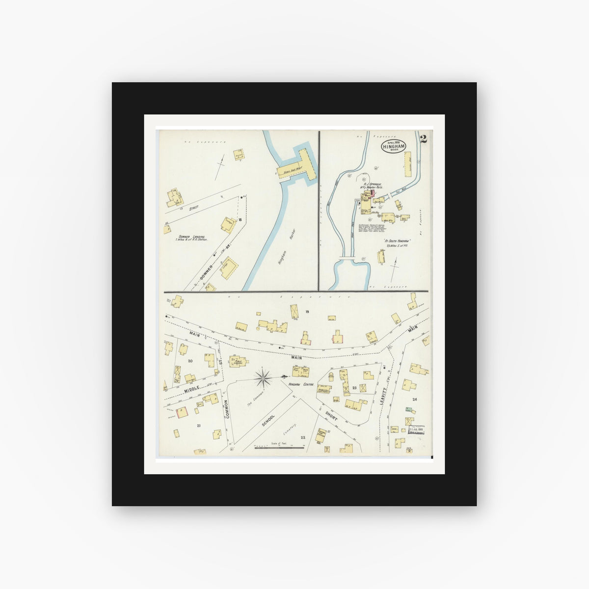 Old map wall art mockup — black gallery frame with white mat — Sanborn Fire Insurance Map from Hingham, Plymouth County, Massachusetts (1898), Sheet #0002