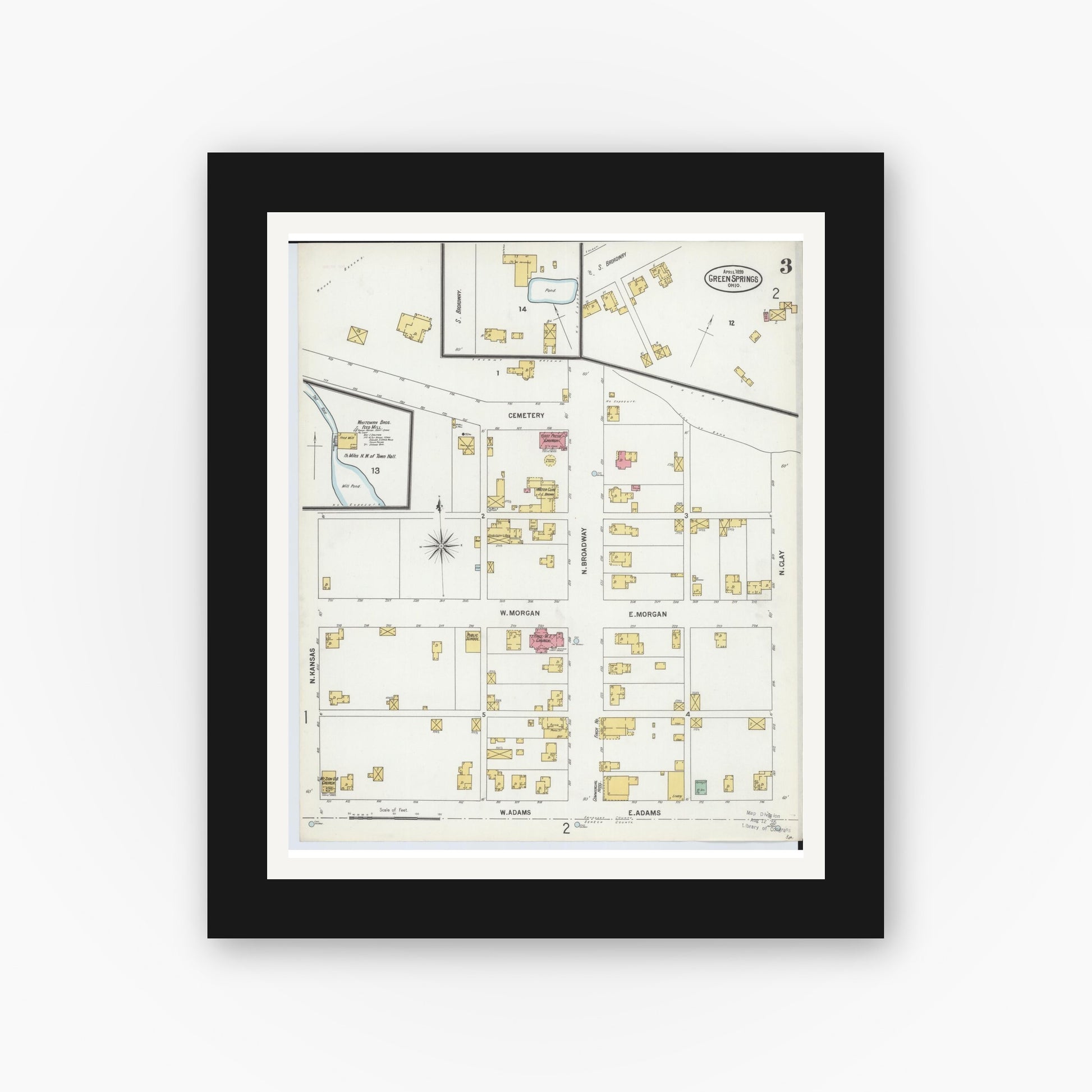 Old map wall art mockup — black gallery frame with white mat — Sanborn Fire Insurance Map from Green Springs, Sandusky And Seneca Counties, Ohio (1899), Sheet #0003