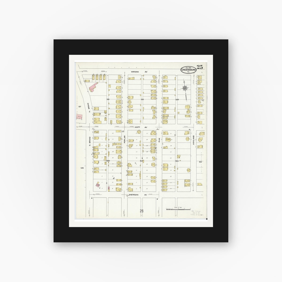 Old map wall art mockup — black gallery frame with white mat — Sanborn Fire Insurance Map from Greensburg, Westmoreland County, Pennsylvania (1909), Sheet #0025