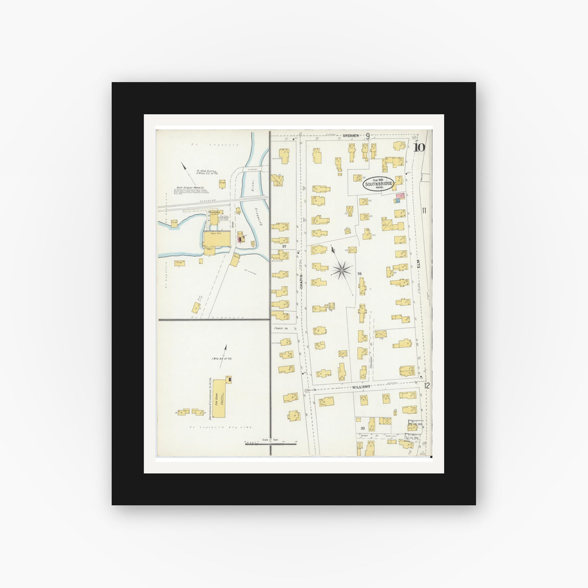 Old map wall art mockup — black gallery frame with white mat — Sanborn Fire Insurance Map from Southbridge, Worcester County, Massachusetts (1904), Sheet #0010