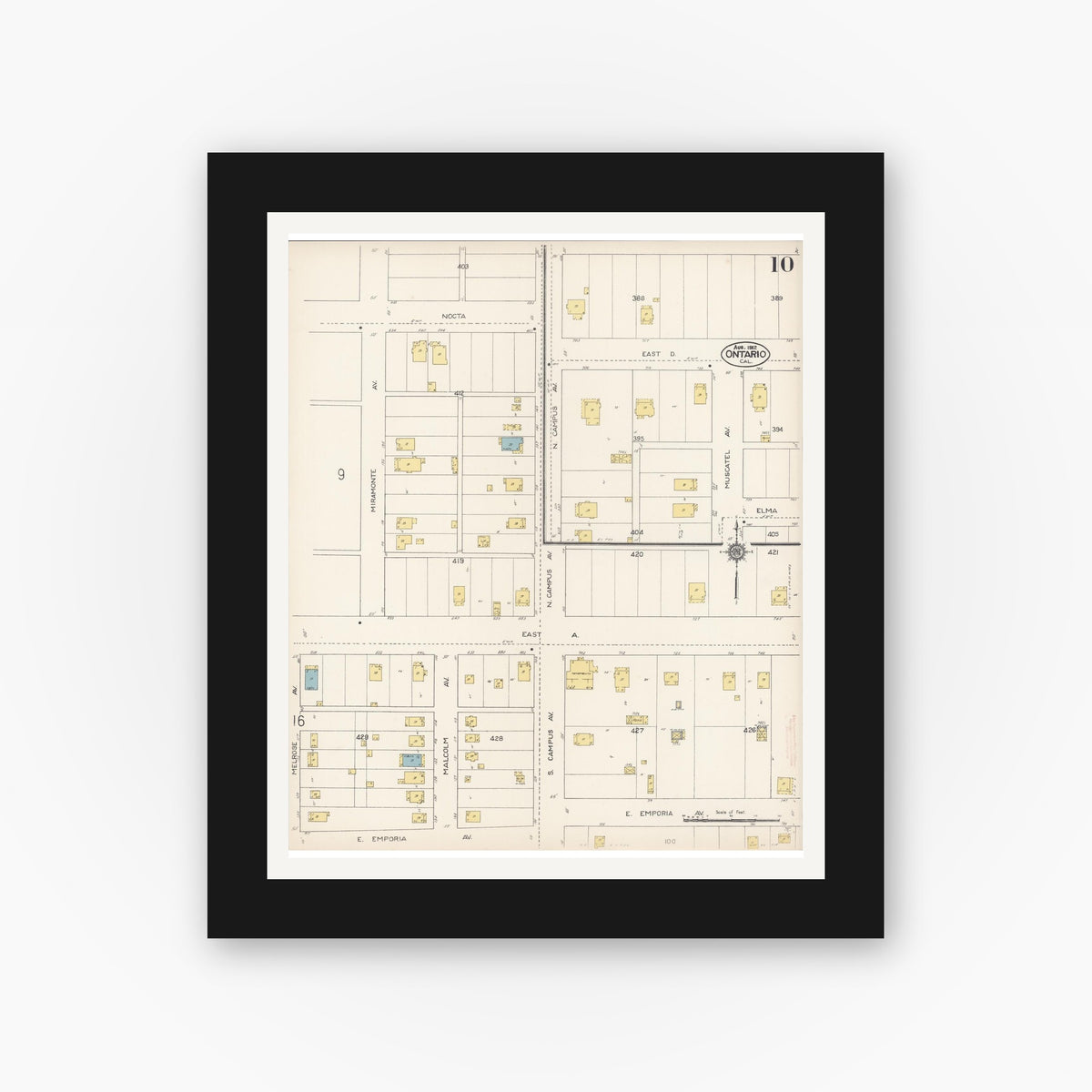 Old map wall art mockup — black gallery frame with white mat — Sanborn Fire Insurance Map from Ontario, San Bernardino County, California (1912), Sheet #0010