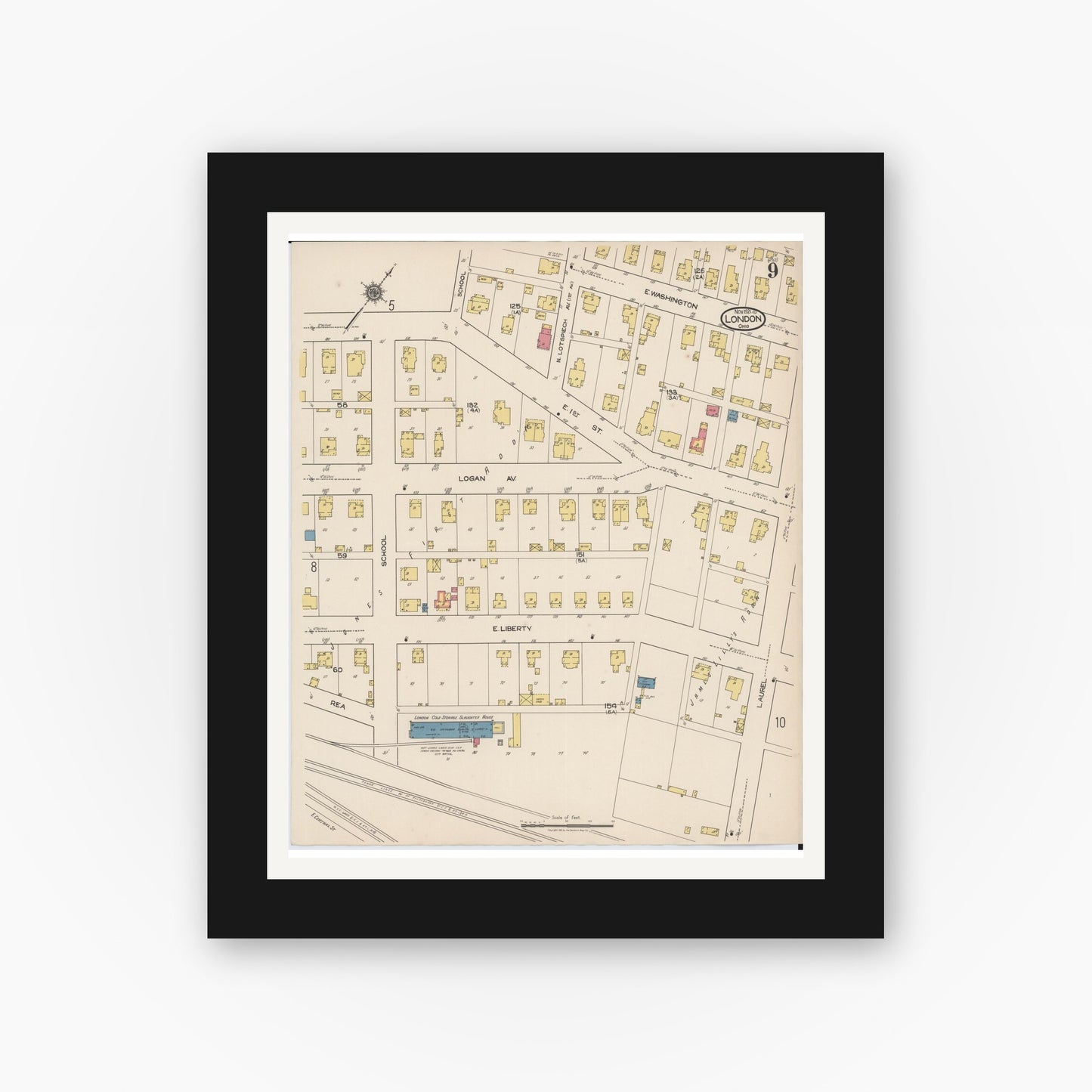 Old map wall art mockup — black gallery frame with white mat — Sanborn Fire Insurance Map from London, Madison County, Ohio (1921), Sheet #0009