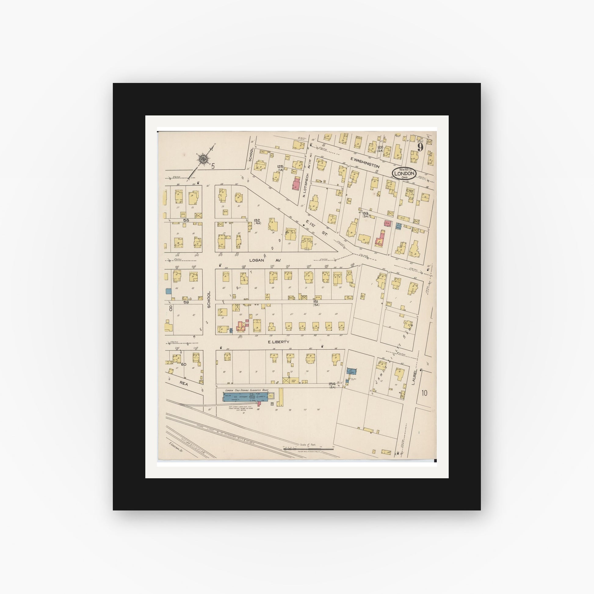 Old map wall art mockup — black gallery frame with white mat — Sanborn Fire Insurance Map from London, Madison County, Ohio (1921), Sheet #0009