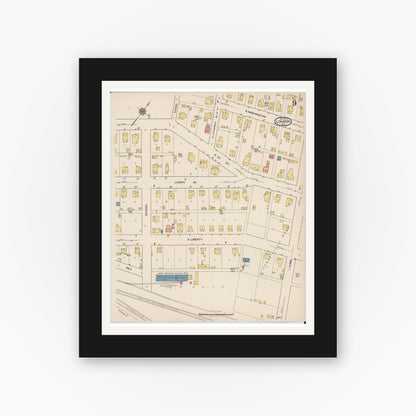 Old map wall art mockup — black gallery frame with white mat — Sanborn Fire Insurance Map from London, Madison County, Ohio (1921), Sheet #0009