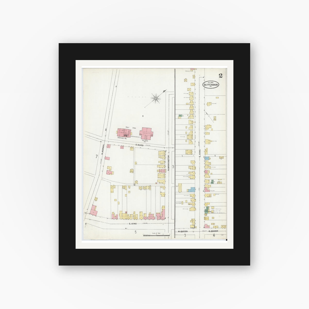 Old map wall art mockup — black gallery frame with white mat — Sanborn Fire Insurance Map from Shippensburg, Cumberland And Franklin Counties, Pennsylvania (1904), Sheet #0002