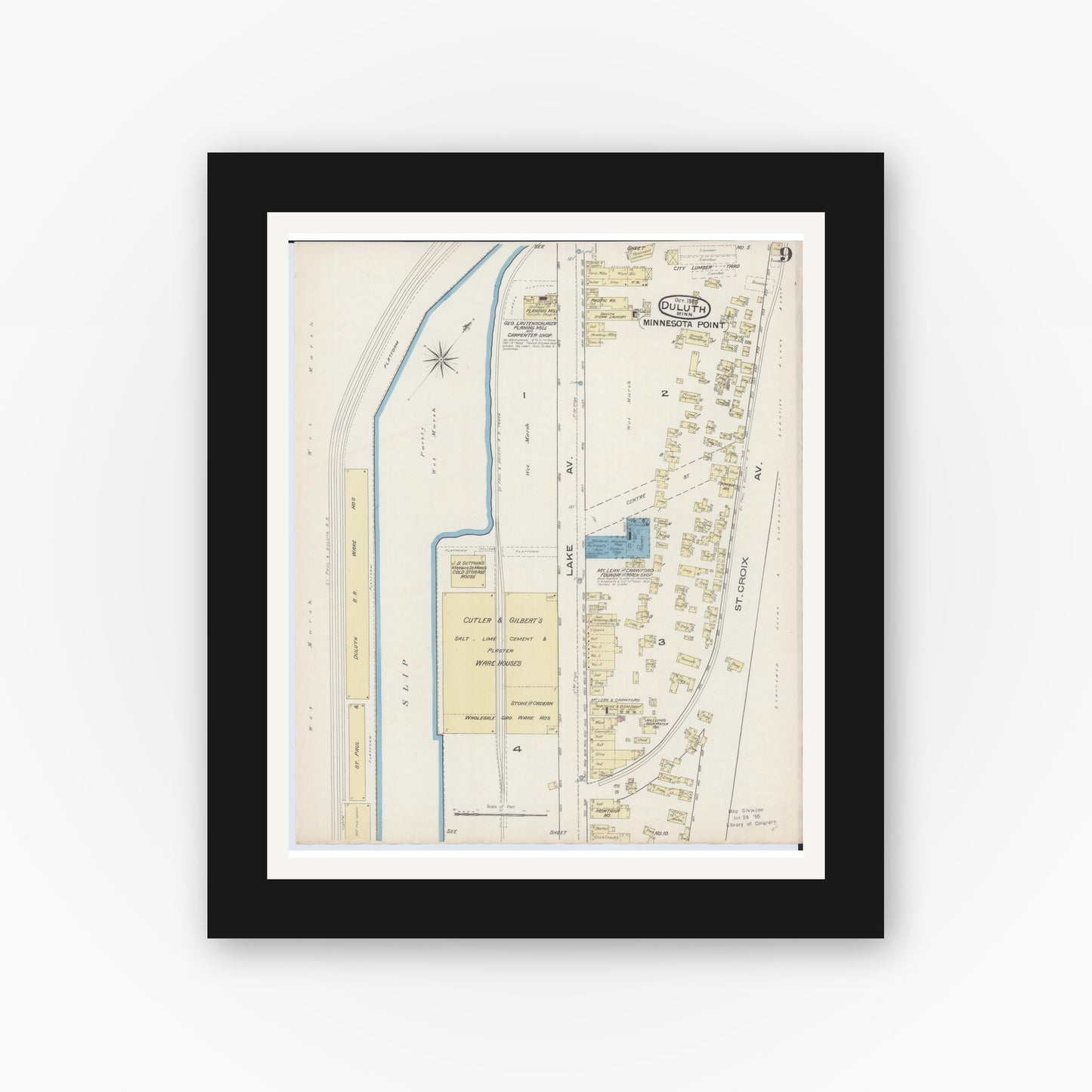 Old map wall art mockup — black gallery frame with white mat — Sanborn Fire Insurance Map from Duluth, Saint Louis County, Minnesota (1885), Sheet #0009