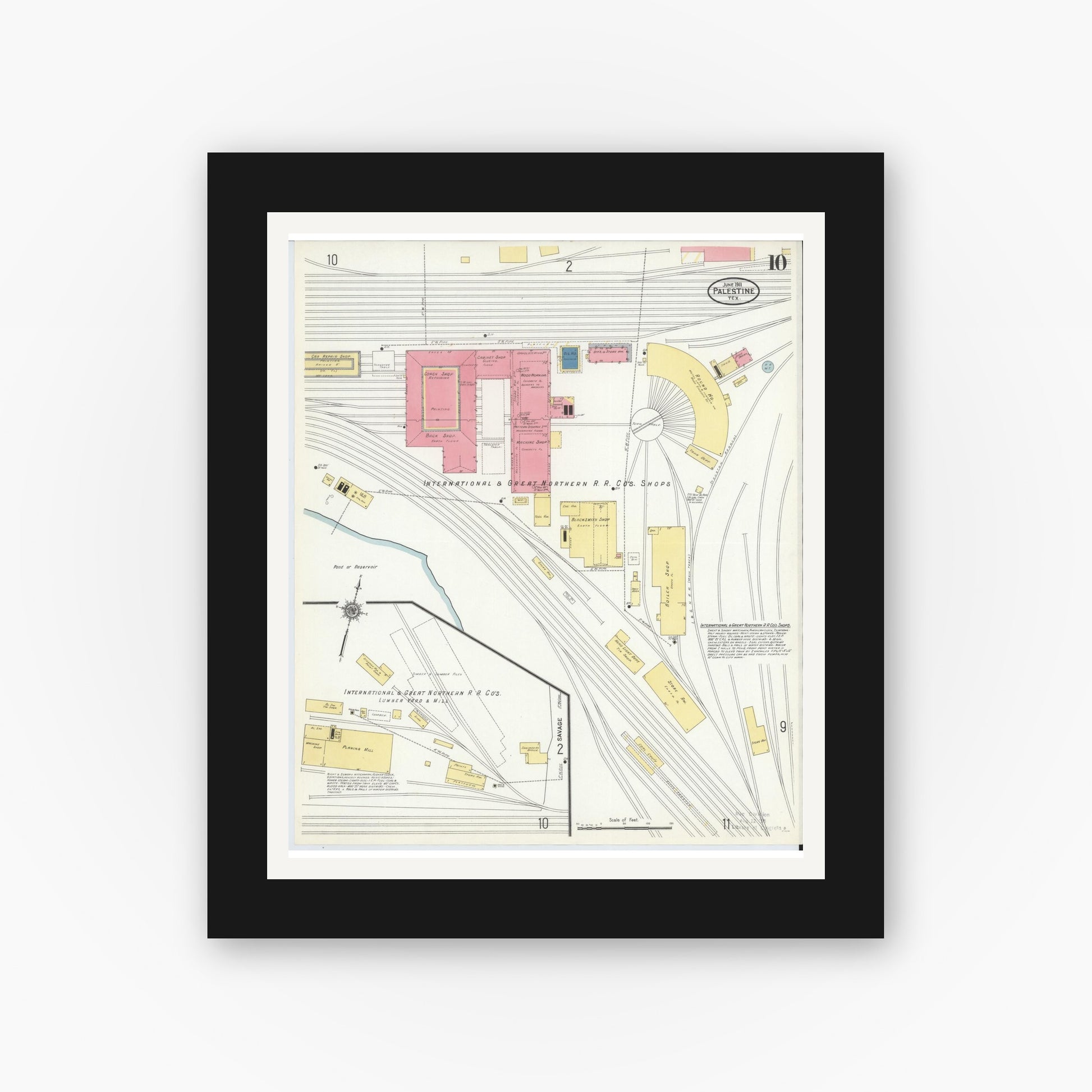 Old map wall art mockup — black gallery frame with white mat — Sanborn Fire Insurance Map from Palestine, Anderson County, Texas (1911), Sheet #0010