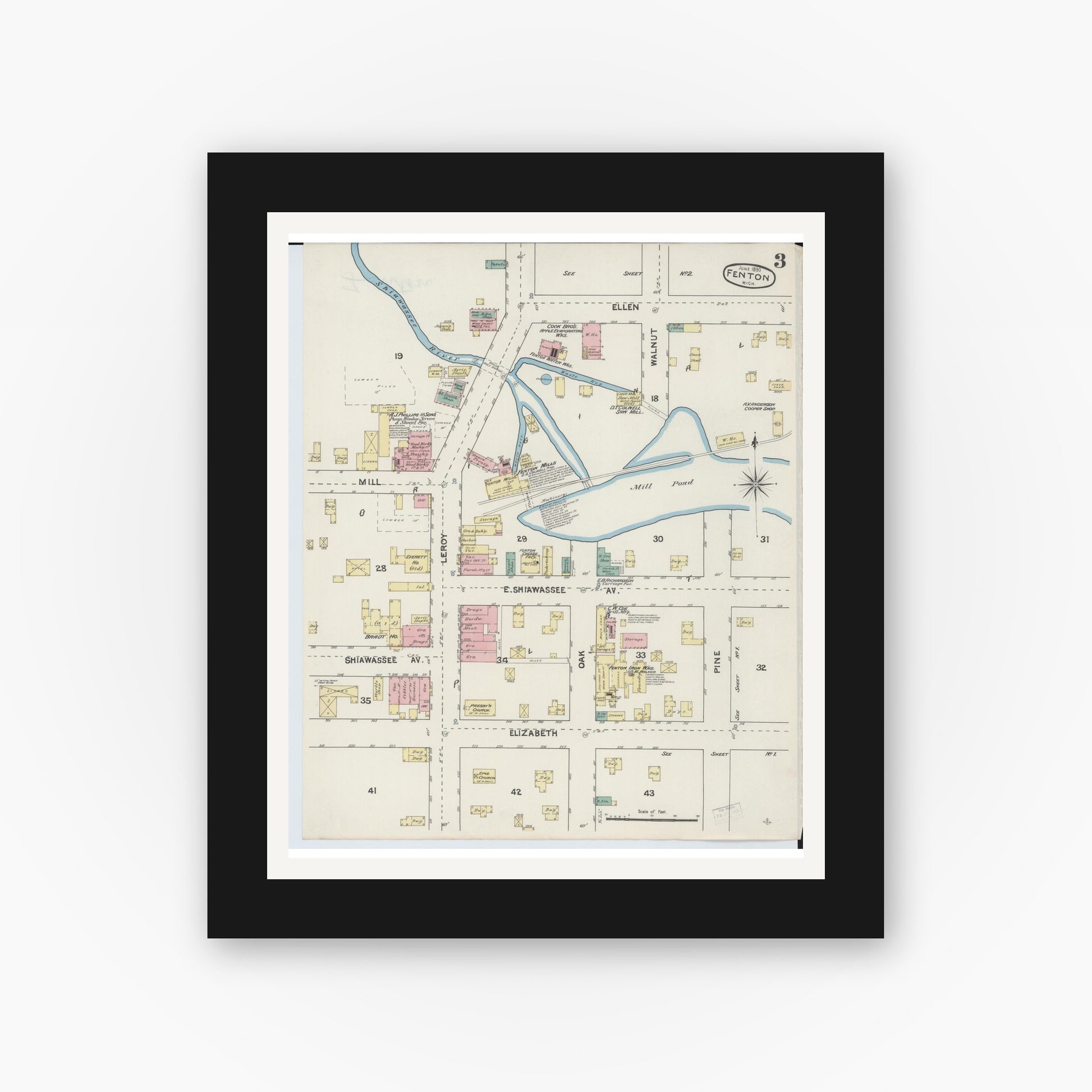 Old map wall art mockup — black gallery frame with white mat — Sanborn Fire Insurance Map from Fenton, Genesee County, Michigan (1890), Sheet #0003