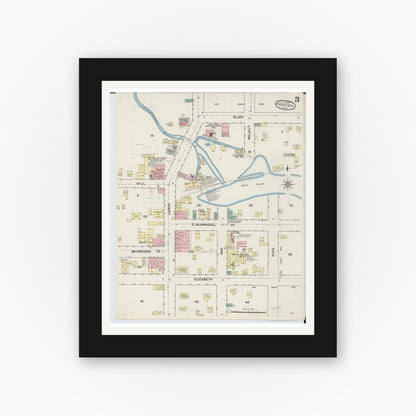 Old map wall art mockup — black gallery frame with white mat — Sanborn Fire Insurance Map from Fenton, Genesee County, Michigan (1890), Sheet #0003