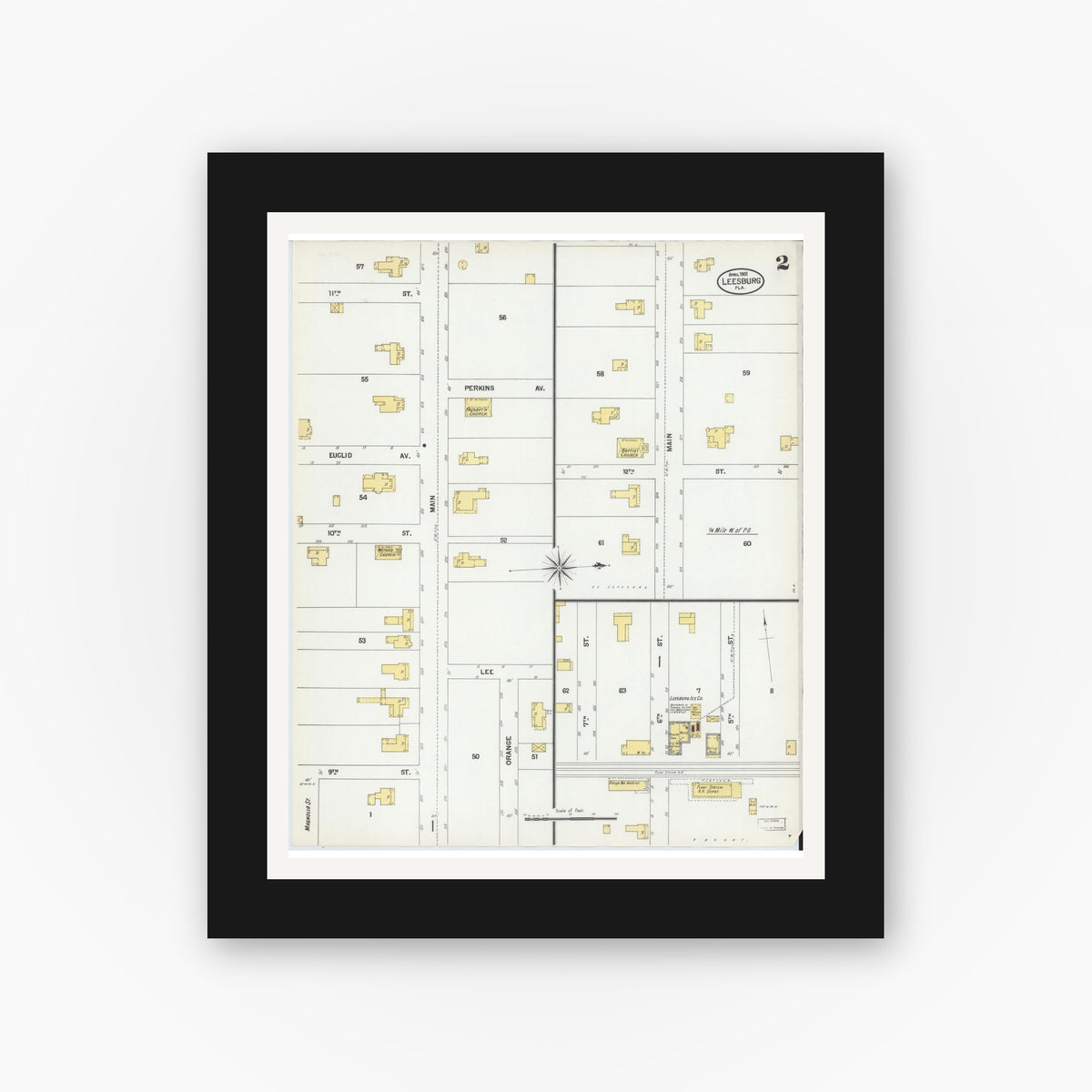 Old map wall art mockup — black gallery frame with white mat — Sanborn Fire Insurance Map from Leesburg, Lake County, Florida (1901), Sheet #0002