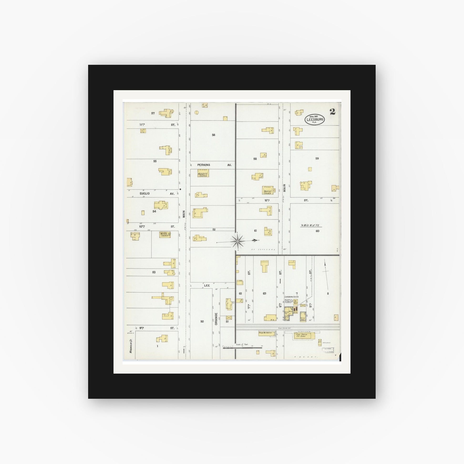 Old map wall art mockup — black gallery frame with white mat — Sanborn Fire Insurance Map from Leesburg, Lake County, Florida (1901), Sheet #0002