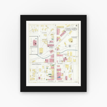 Old map wall art mockup — black gallery frame with white mat — Sanborn Fire Insurance Map from New Castle, Henry County, Indiana (1908), Sheet #0008