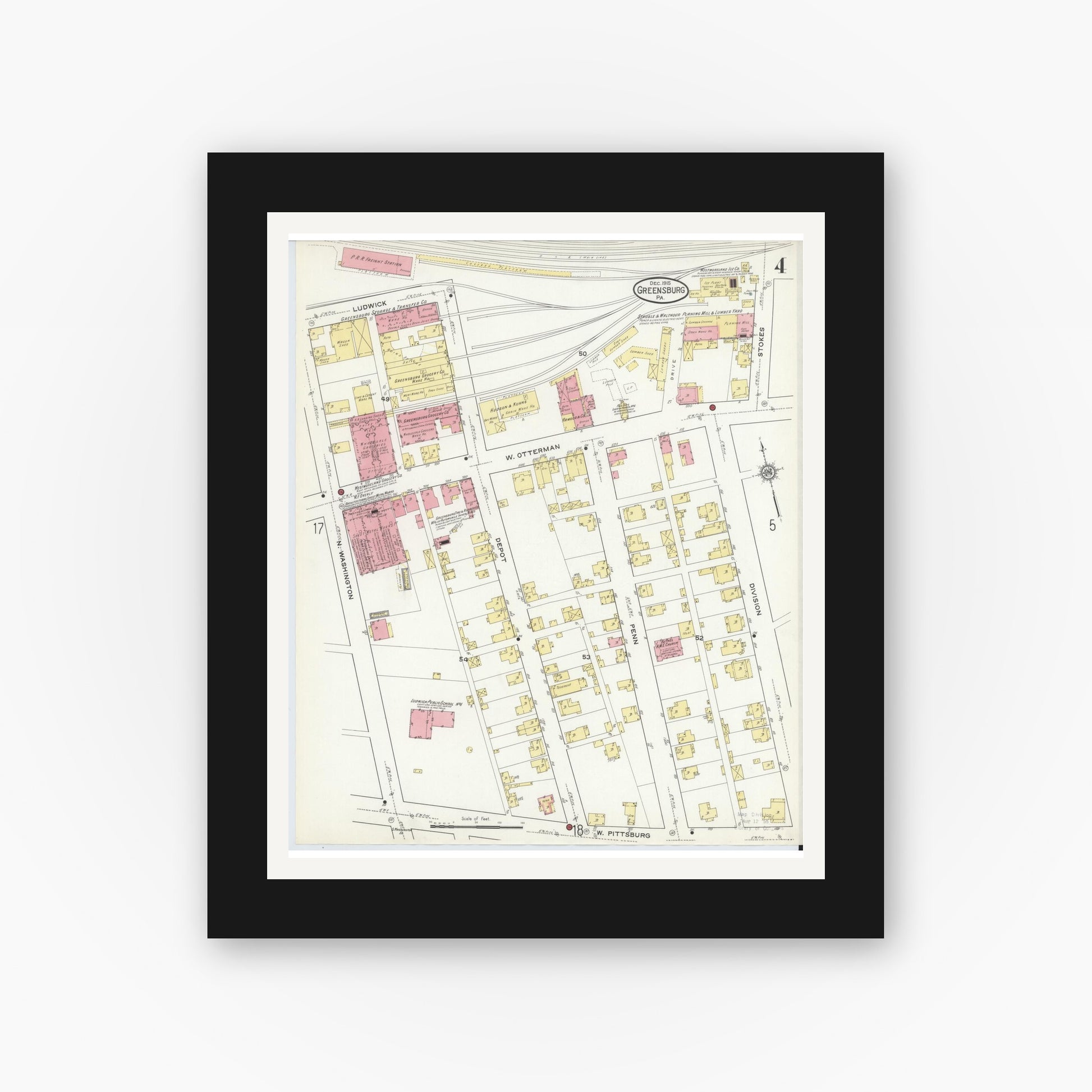 Old map wall art mockup — black gallery frame with white mat — Sanborn Fire Insurance Map from Greensburg, Westmoreland County, Pennsylvania (1915), Sheet #0004