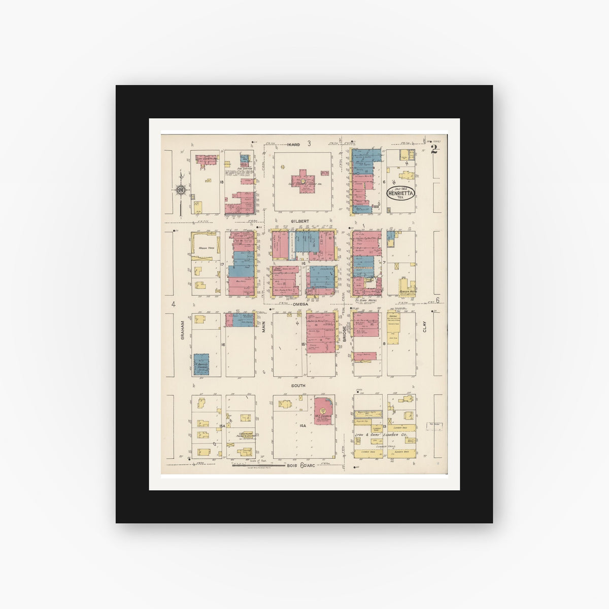 Old map wall art mockup — black gallery frame with white mat — Sanborn Fire Insurance Map from Henrietta, Clay County, Texas (1922), Sheet #0002
