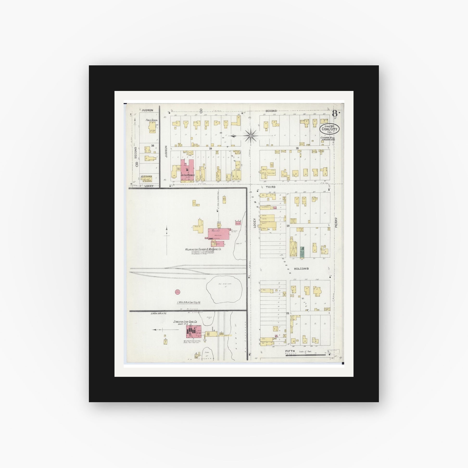 Old map wall art mockup — black gallery frame with white mat — Sanborn Fire Insurance Map from Coal City, Grundy County, Illinois (1907), Sheet #0008