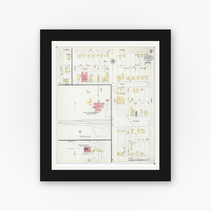 Old map wall art mockup — black gallery frame with white mat — Sanborn Fire Insurance Map from Coal City, Grundy County, Illinois (1907), Sheet #0008