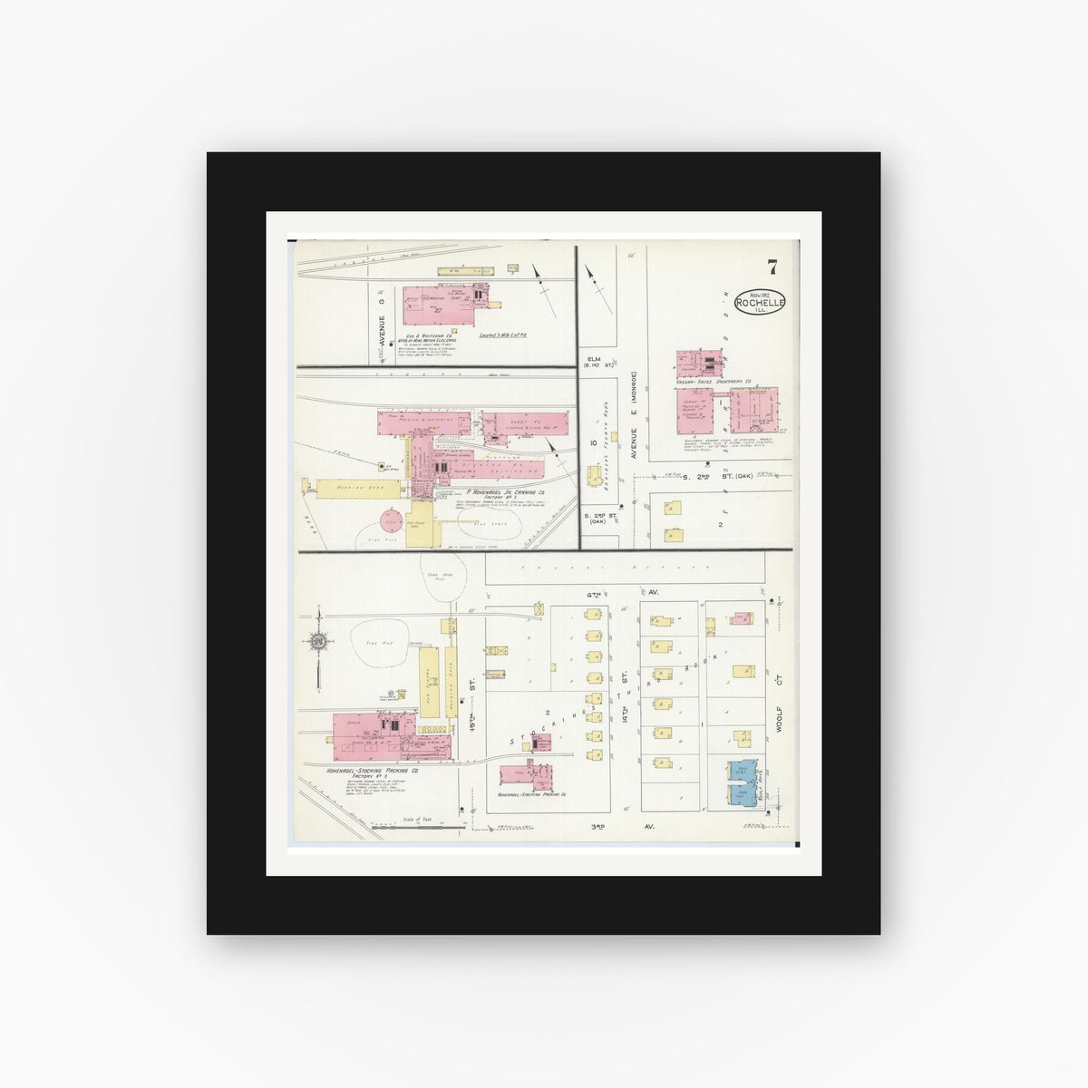 Old map wall art mockup — black gallery frame with white mat — Sanborn Fire Insurance Map from Rochelle, Ogle County, Illinois (1912), Sheet #0007