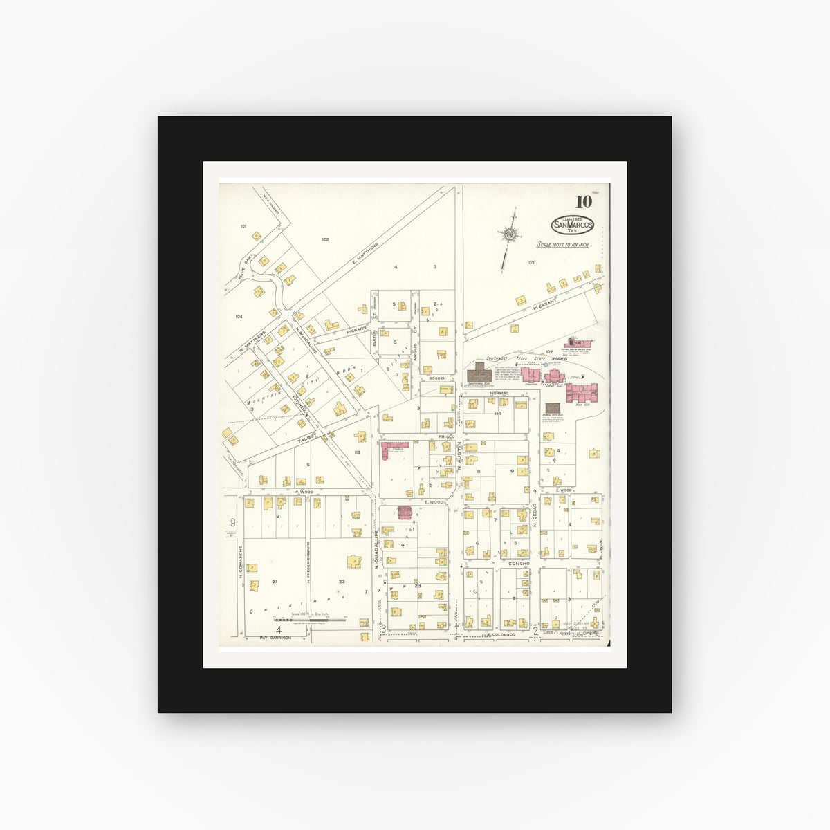 Old map wall art mockup — black gallery frame with white mat — Sanborn Fire Insurance Map from San Marcos, Hays County, Texas (1922), Sheet #0010
