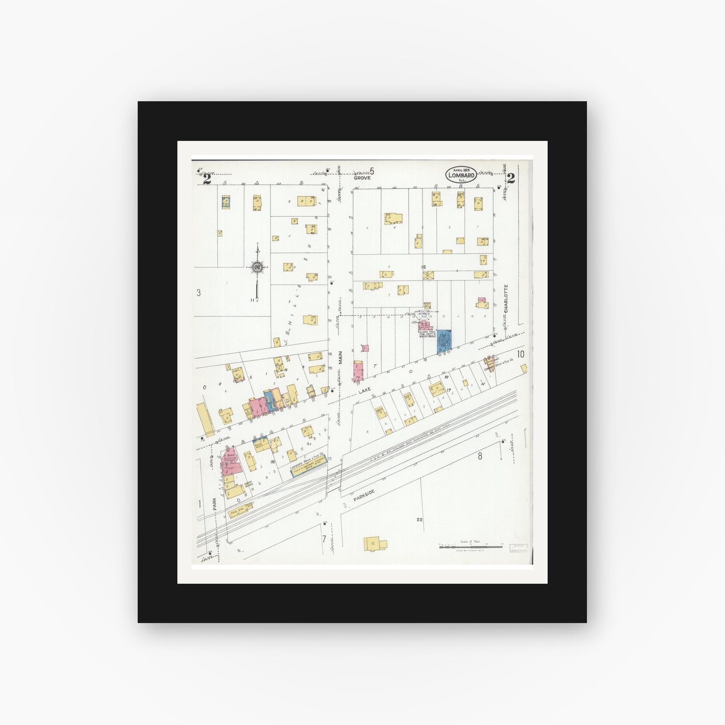Old map wall art mockup — black gallery frame with white mat — Sanborn Fire Insurance Map from Lombard, Du Page County, Illinois (1925), Sheet #0002