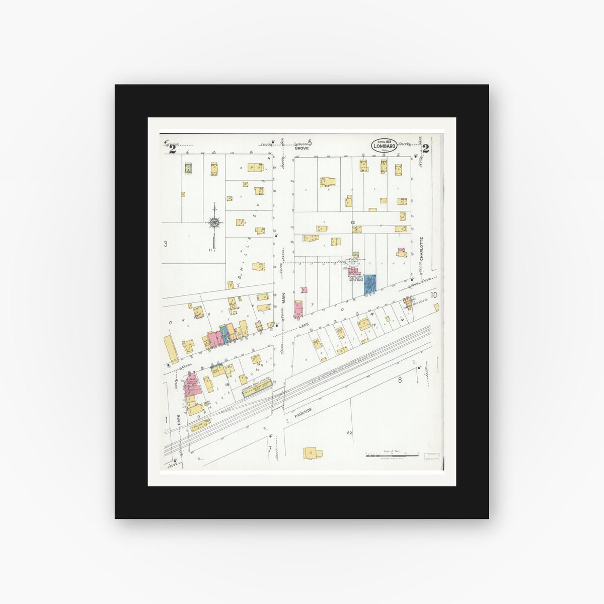 Old map wall art mockup — black gallery frame with white mat — Sanborn Fire Insurance Map from Lombard, Du Page County, Illinois (1925), Sheet #0002