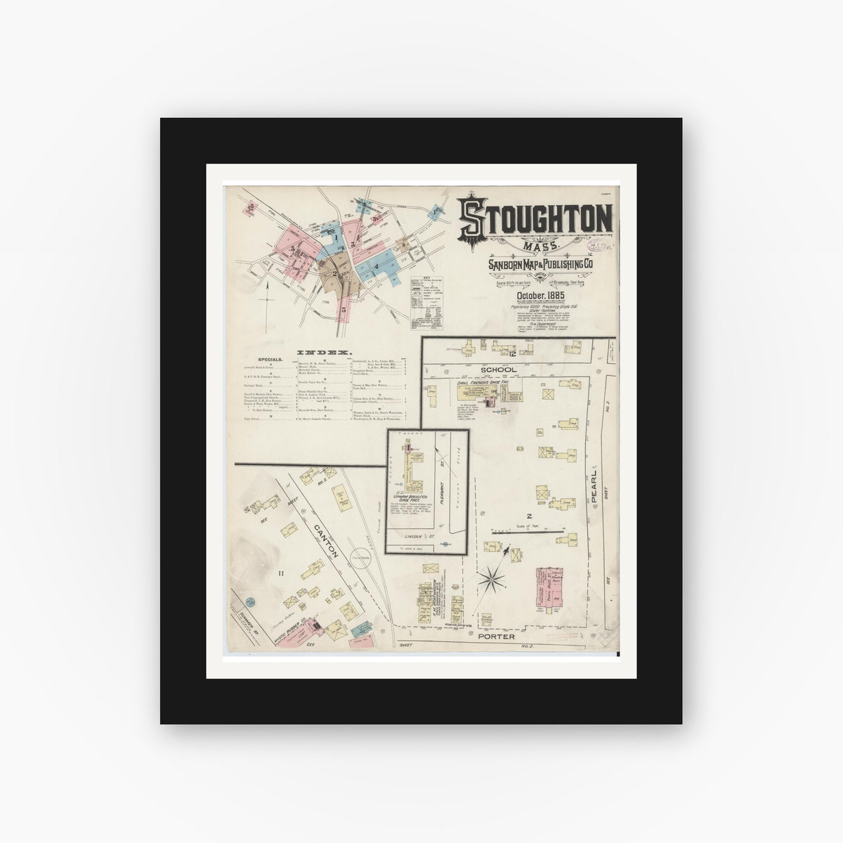 Old map wall art mockup — black gallery frame with white mat — Sanborn Fire Insurance Map from Stoughton, Norfolk County, Massachusetts (1885) - Complete Map Set