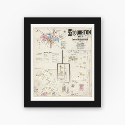 Old map wall art mockup — black gallery frame with white mat — Sanborn Fire Insurance Map from Stoughton, Norfolk County, Massachusetts (1885) - Complete Map Set