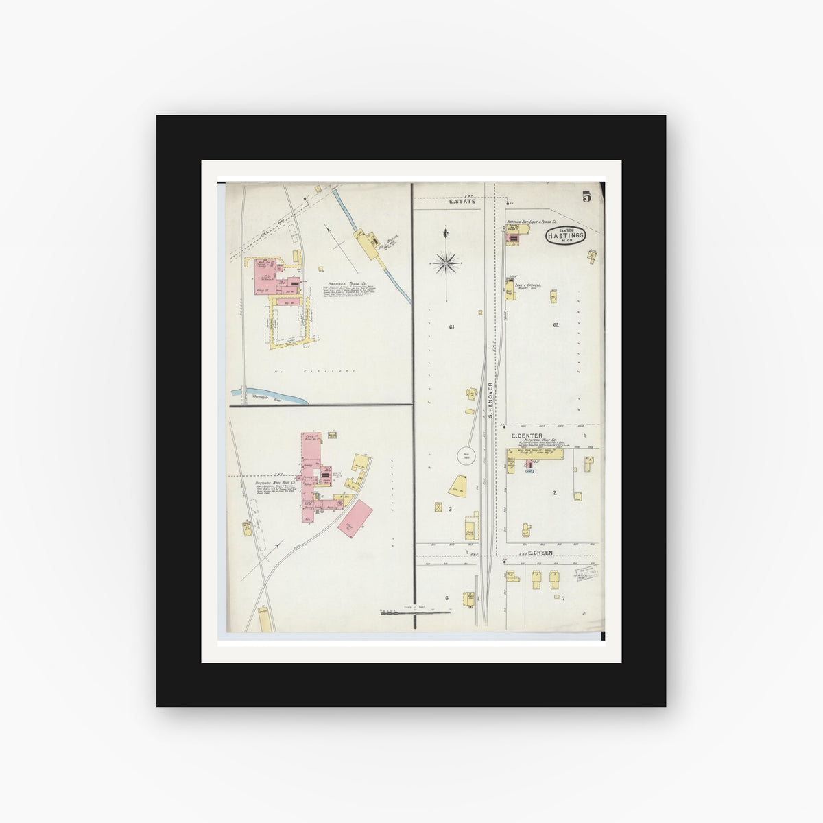 Old map wall art mockup — black gallery frame with white mat — Sanborn Fire Insurance Map from Hastings, Barry County, Michigan (1896), Sheet #0005