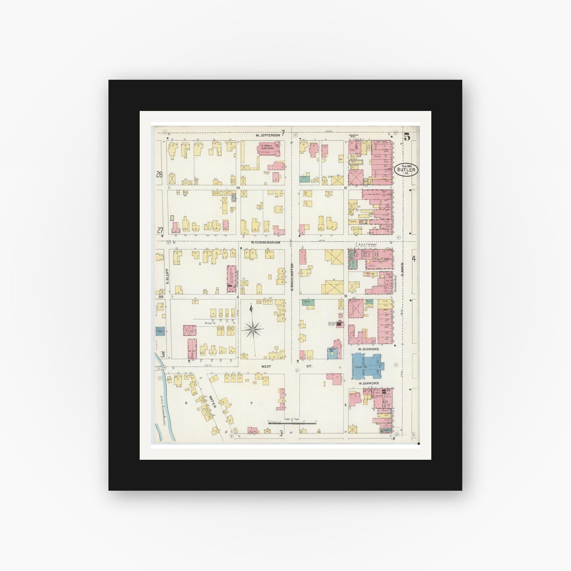 Old map wall art mockup — black gallery frame with white mat — Sanborn Fire Insurance Map from Butler, Butler County, Pennsylvania (1906), Sheet #0005